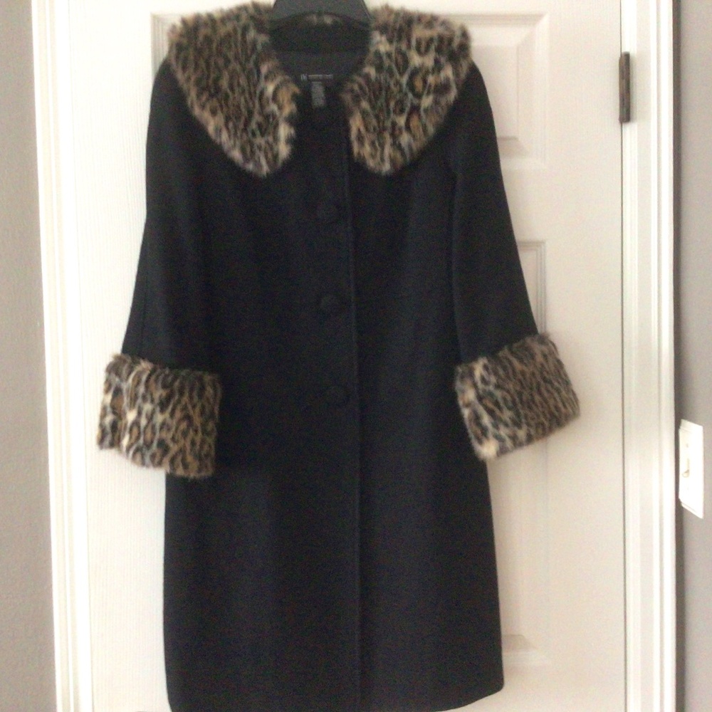 INC Black Wool Coat with Leopard Collar & Cuffs…size Medium.